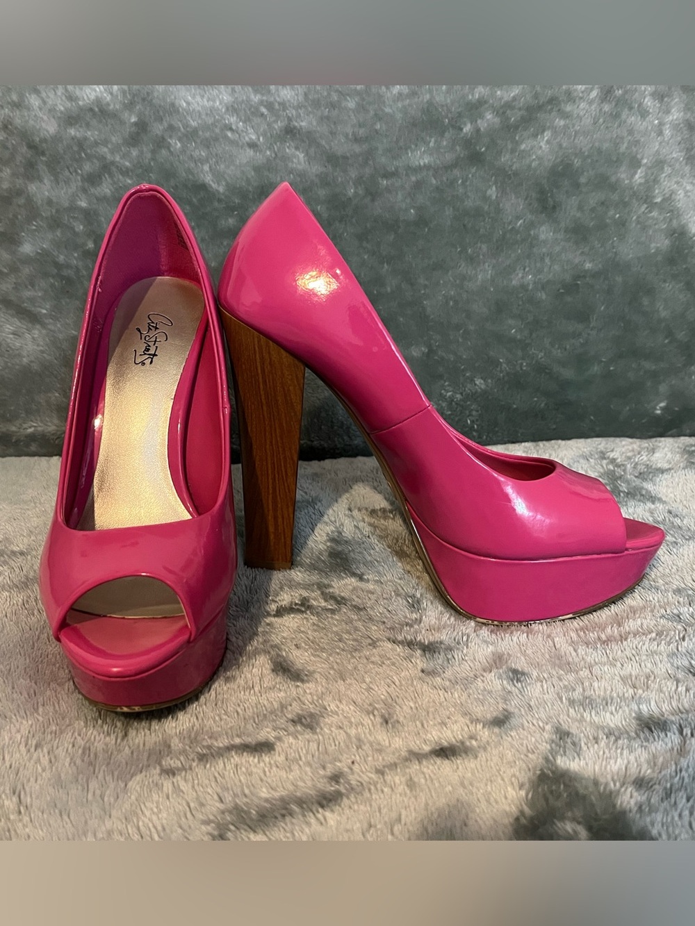 Fuchsia Patent Peep-Toe Platform Pumps by city streets